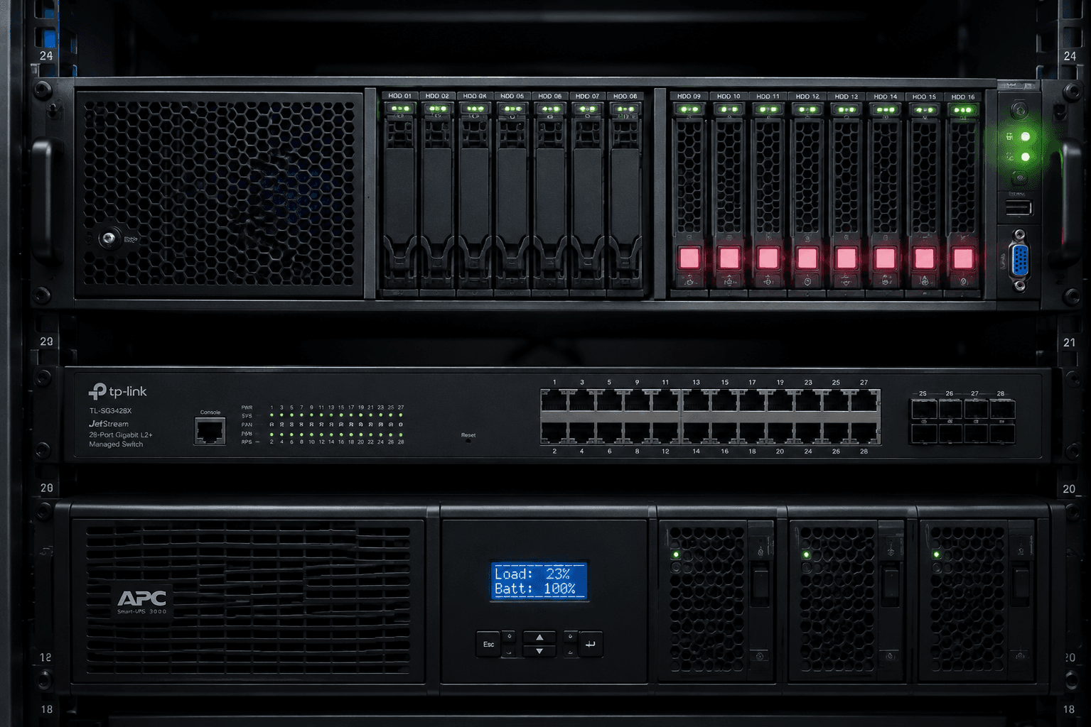 High-density enterprise server rack featuring hot-swap drive bays, managed gigabit switch, and APC Smart-UPS battery backup deployed for Hays Recruitment